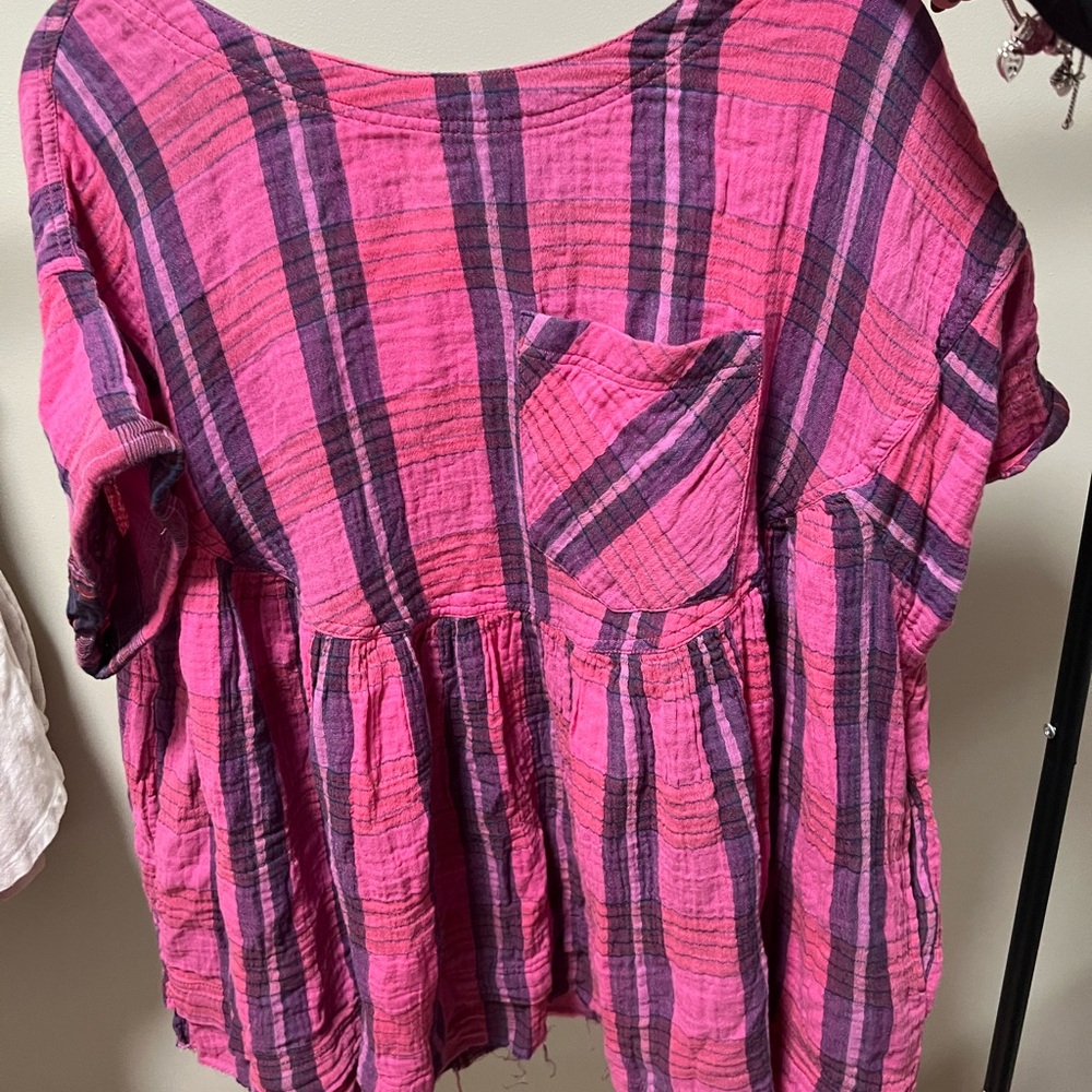 We The Free Moon City Pink and Purple Plaid Blouse